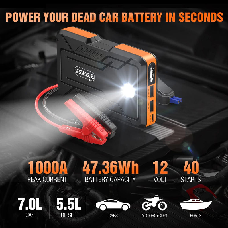 S ZEVZO 12V Portable Car Jump Starter 1000A Battery Booster