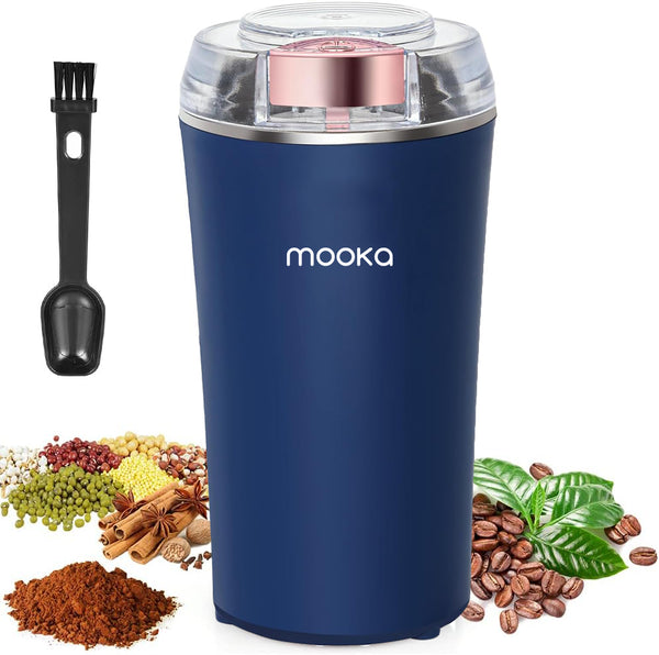 MOOKA Coffee Grinder Electric, Spice Grinder, Coffee Bean Herb Grinder with Integrated Brush Spoon, One-touch Push-Button Stainless Steel Grinding for Peanut Grains Beans(Blue)