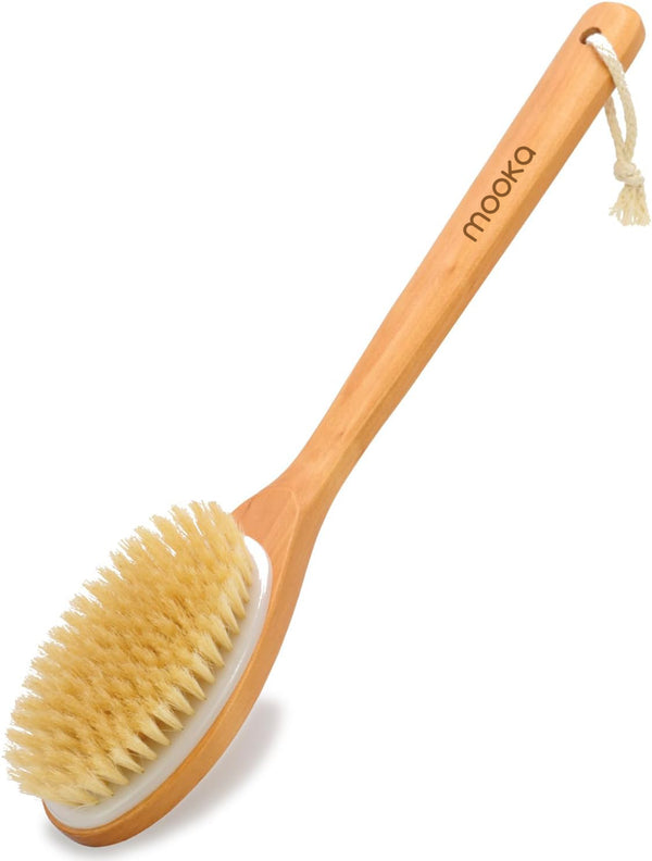 MOOKA Shower Brush with Soft and Stiff Bristles, Bath Wooden Long Handle Back Scrubber Body Exfoliator for Wet or Dry Brushing
