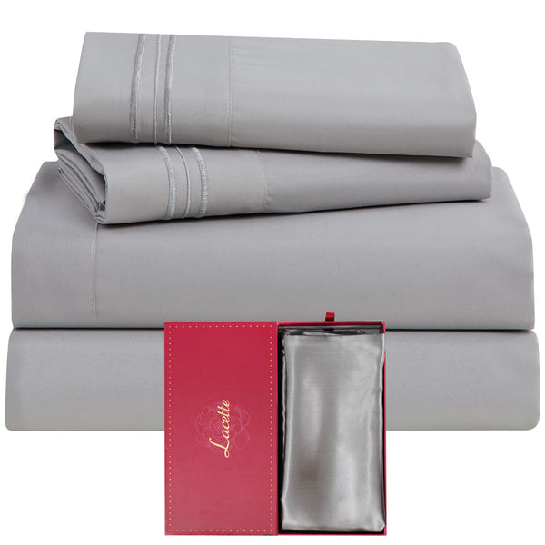 Lacette 4 Piece Bed Sheets for Queen Size Bed, Deep Pocket Queen Sheet Set, Extra Soft, Breathable and Cooling, Light Grey Queen Size Sheets