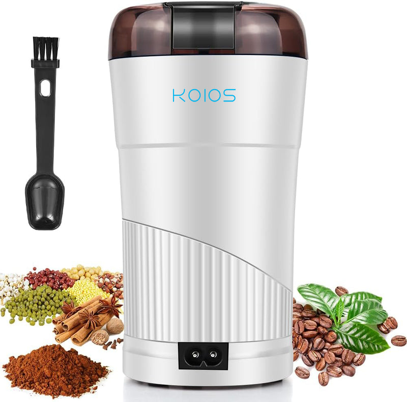 KOIOS Coffee Grinder Electric, Spice Grinder, Coffee Bean Herb Grinder with Integrated Brush Spoon, One-touch Push-Button Stainless Steel Small Grinding for Peanut Grains (WHITE)