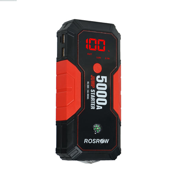 ROSROW Car Jump Starter 5000A Jump Starter Battery Pack for Up to ALL Gas and ALL Diesel Engines, Portable 12V Jump Box with USB Ports, LCD Display, Storage Case, and LED Light
