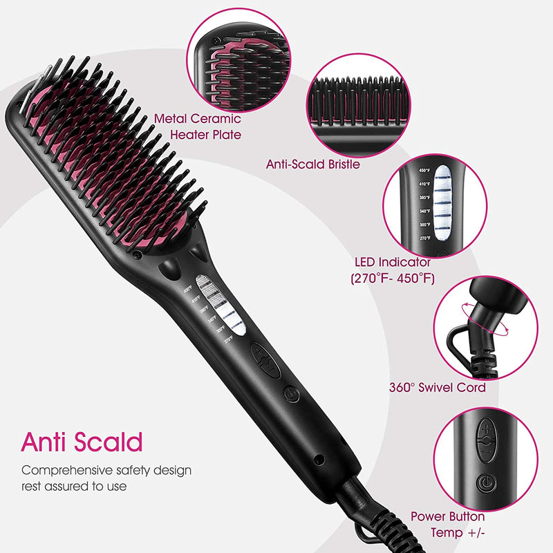 Hair Straightener Brush, MiroPure Ionic Anti-Scald Straightening Brush with Fast MCH Ceramic Heating, Adjustable Temperatures, Auto-Off & Dual Voltage, Portable Straightening Comb - Miropure