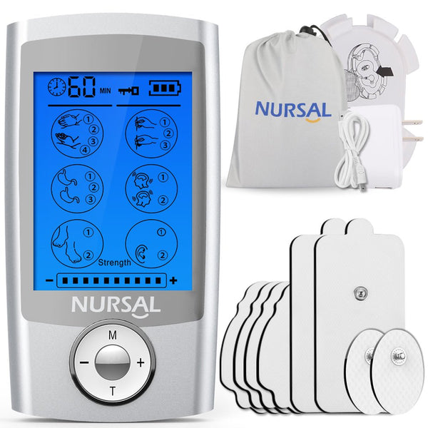 NURSAL EMS TENS Unit Muscle Stimulator with 8 Electrode Pads/Storage Pouch/Pads Holder, Rechargeable 16 Modes Electronic Pulse Massager for Pain Relief Therapy, Arthritis, Muscle Stiffness/Soreness - Nursal